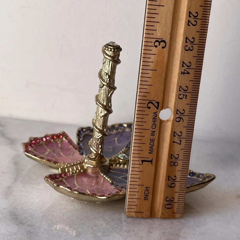 Pink purple Enamel and Gold Plated Butterfly Jewelry Ring Holder w/ Crystals